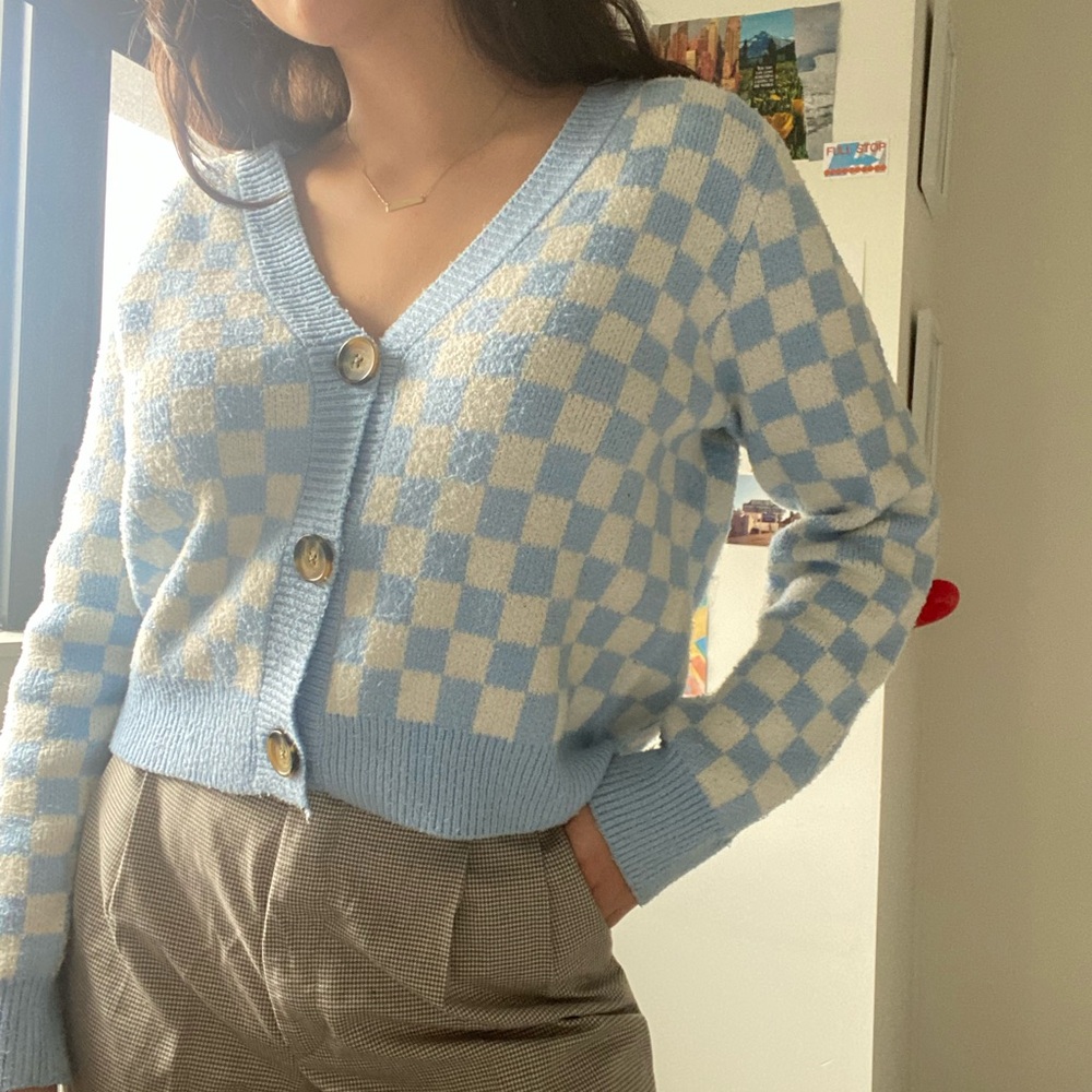 Checkered pastel blue and white cardigan